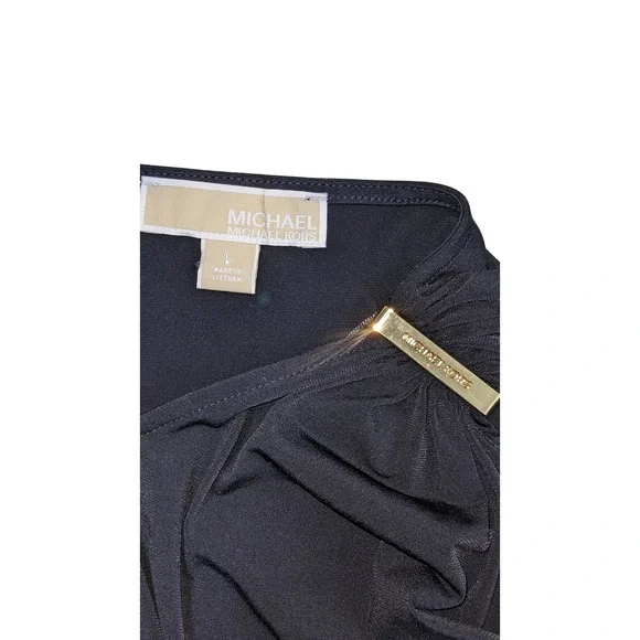 Michael Kors Womens Black Drape Front Top Shirt Gold Logo Accent Size L - Picture 5 of 6